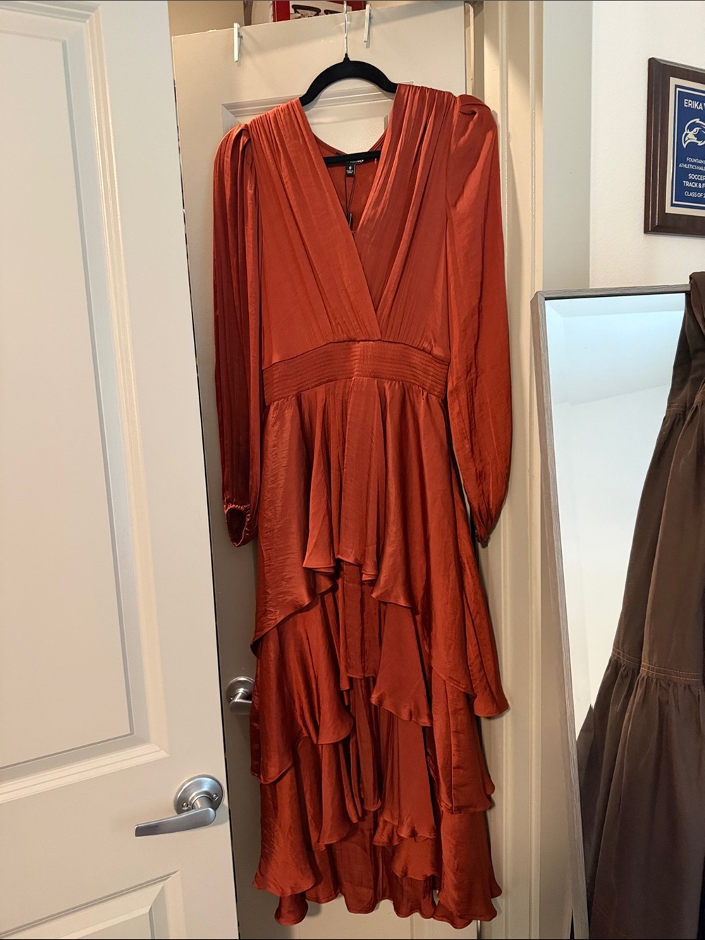 Steve Madden Rust Satin V-Neck Long Sleeve Tiered Midi Dress